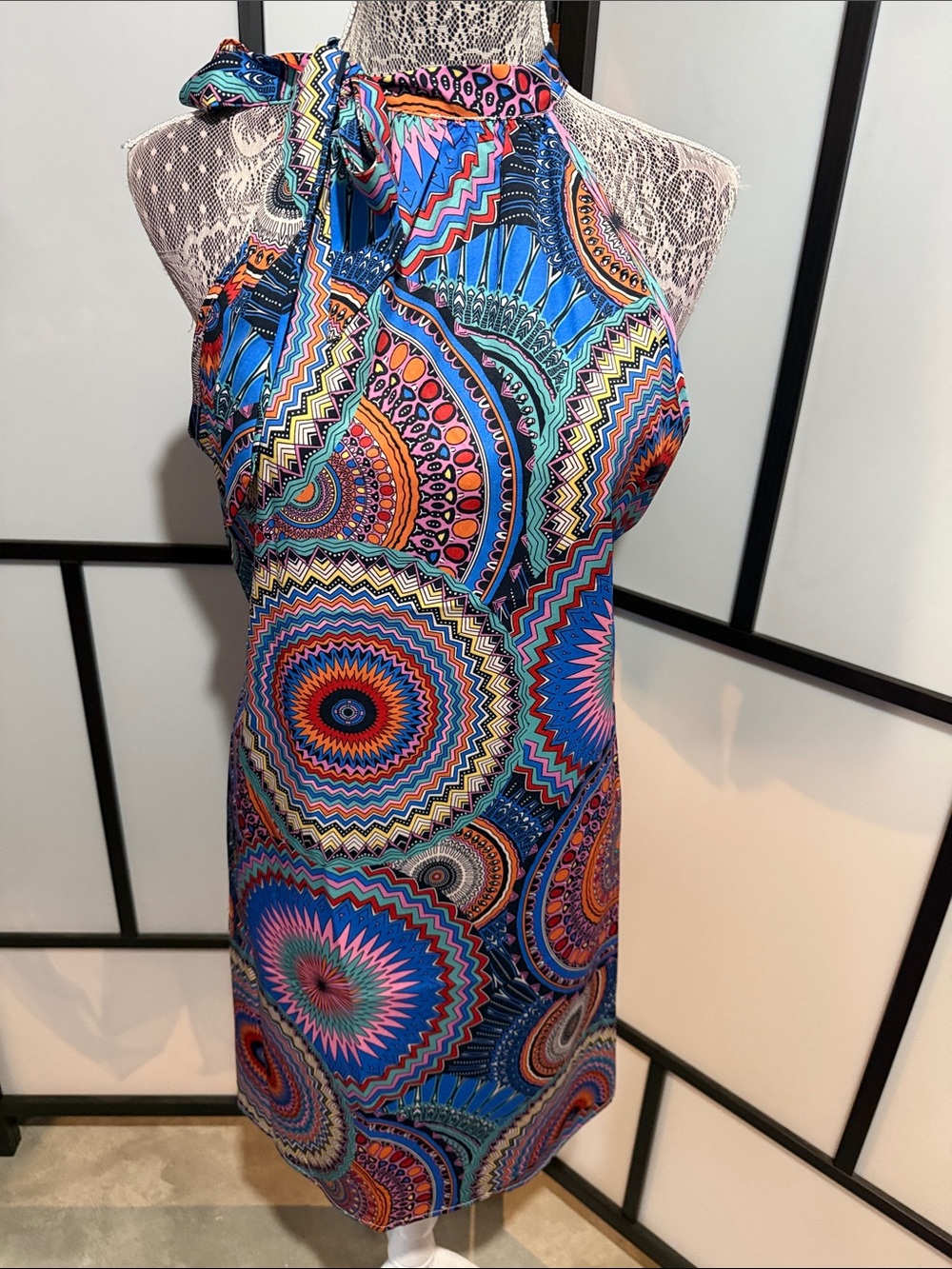 SHEIN Blue Multicolor One-Shoulder Tie Halter Dress